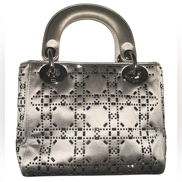 💎Satin Dior Mini Lady Dior Silver Beaded Gray Satin Small Handbag - Picture 2 of 10
